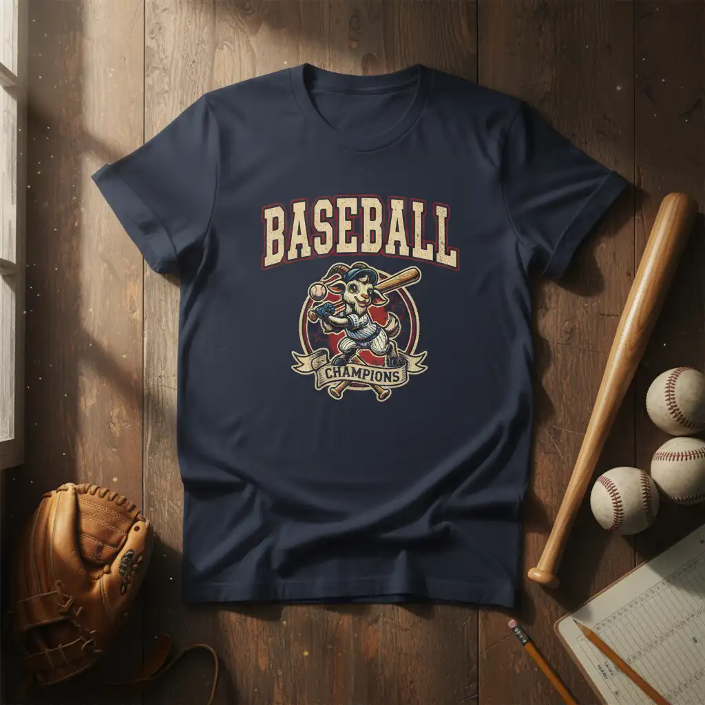 Baseball Champions graphic tee with a cartoon goat batter ready to hit, celebrating victory