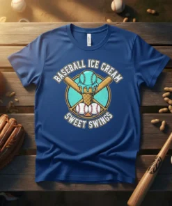 Baseball Ice Cream Sweet Swings t-shirt design featuring an ice cream cone with baseballs and crossed bats