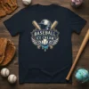 Baseball Ice Cream text with a baseball, wings, bats, and helmet graphic on a navy t-shirt