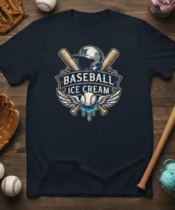 Baseball Ice Cream text with a baseball, wings, bats, and helmet graphic on a navy t-shirt