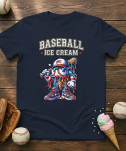 Baseball Ice Cream T-Shirt design featuring a melting ice cream baseball character with a bat, wearing a patriotic hat