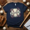 Baseball math equation 6+4+3=2 design on a navy t-shirt, surrounded by abstract lines and a baseball graphic
