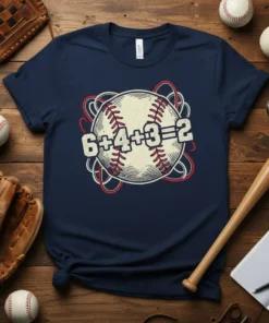 Baseball math equation 6+4+3=2 design on a navy t-shirt, surrounded by abstract lines and a baseball graphic