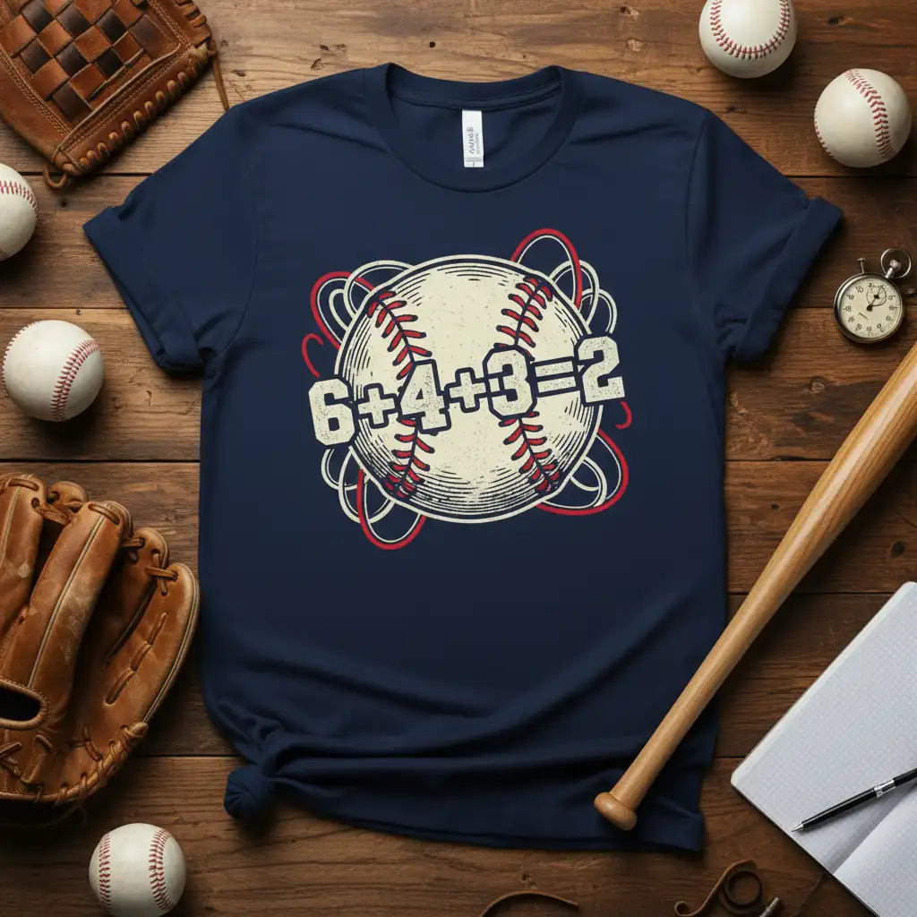 Baseball math equation 6+4+3=2 graphic on a navy tee, featuring a baseball and abstract design elements