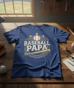 Baseball Papa t-shirt design featuring the text "BASEBALL PAPA" with a baseball, bat, and stars