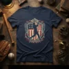 Baseball Player American Flag Shield unique graphic design printed on comfortable cotton t-shirt