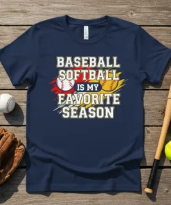 Baseball Softball Is My Favorite Season text design with baseball and softball graphics on a navy t-shirt