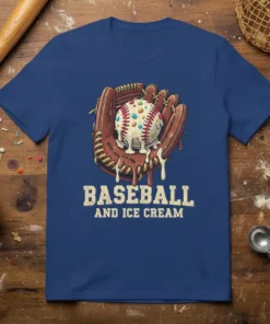 Baseball and ice cream graphic t-shirt featuring a baseball in a glove melting like ice cream with sprinkles