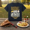 Navy t-shirt with "Baseball And Tacos" text, baseball, taco, and crossed bats graphics