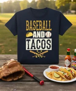 Navy t-shirt with "Baseball And Tacos" text, baseball, taco, and crossed bats graphics