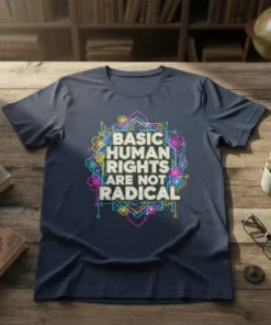 BASIC HUMAN RIGHTS ARE NOT RADICAL text with floral and geometric design on a navy t-shirt