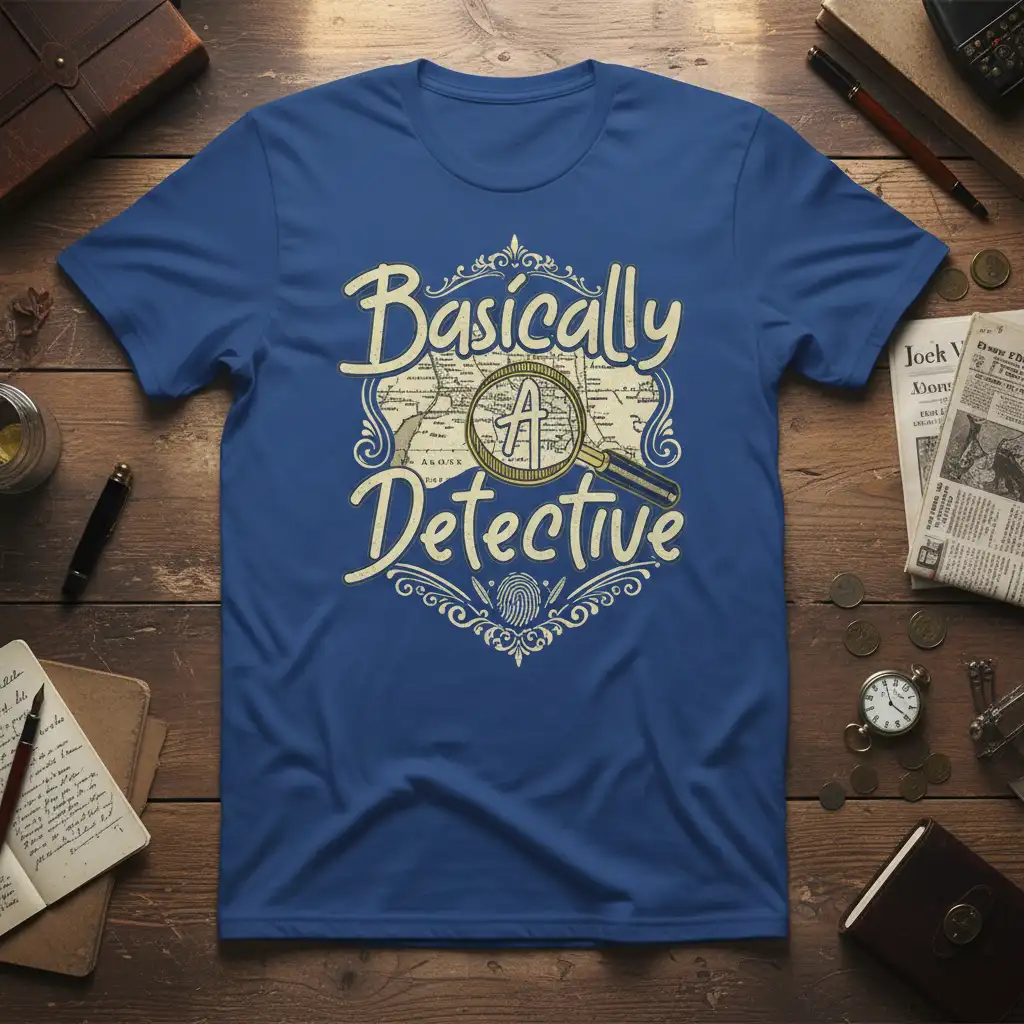 Basically Detective quote t-shirt with vintage map and magnifying glass graphic