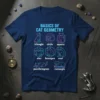 Basics of Cat Geometry t-shirt design featuring cats in triangle, circle, square, star, hexagon, oval, parallelogram, and rectangle shapes with