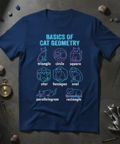 Basics of Cat Geometry t-shirt design featuring cats in triangle, circle, square, star, hexagon, oval, parallelogram, and rectangle shapes with