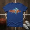 Basketball cross design with the word "BASKETBALL" in orange, on a blue t-shirt
