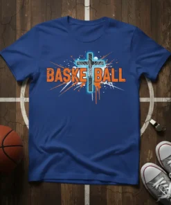 Basketball cross design with the word "BASKETBALL" in orange, on a blue t-shirt