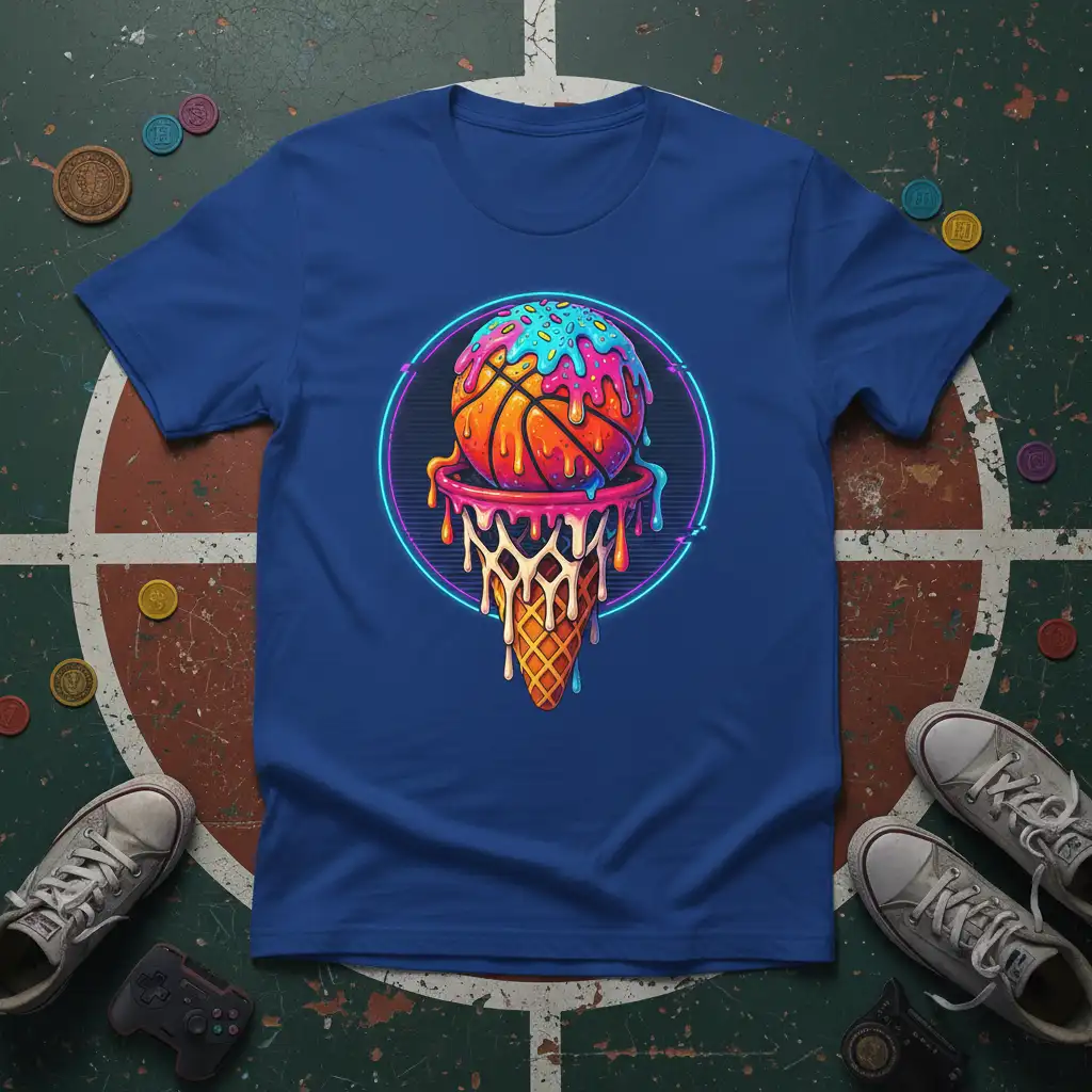 Basketball ice cream cone graphic with neon circle on a t-shirt design