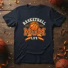 Basketball Mum Life text with basketball graphic and orange ribbon on a navy t-shirt