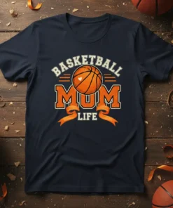 Basketball Mum Life text with basketball graphic and orange ribbon on a navy t-shirt