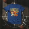 Basketball Never Stops quote with player dunking graphic on a blue t-shirt