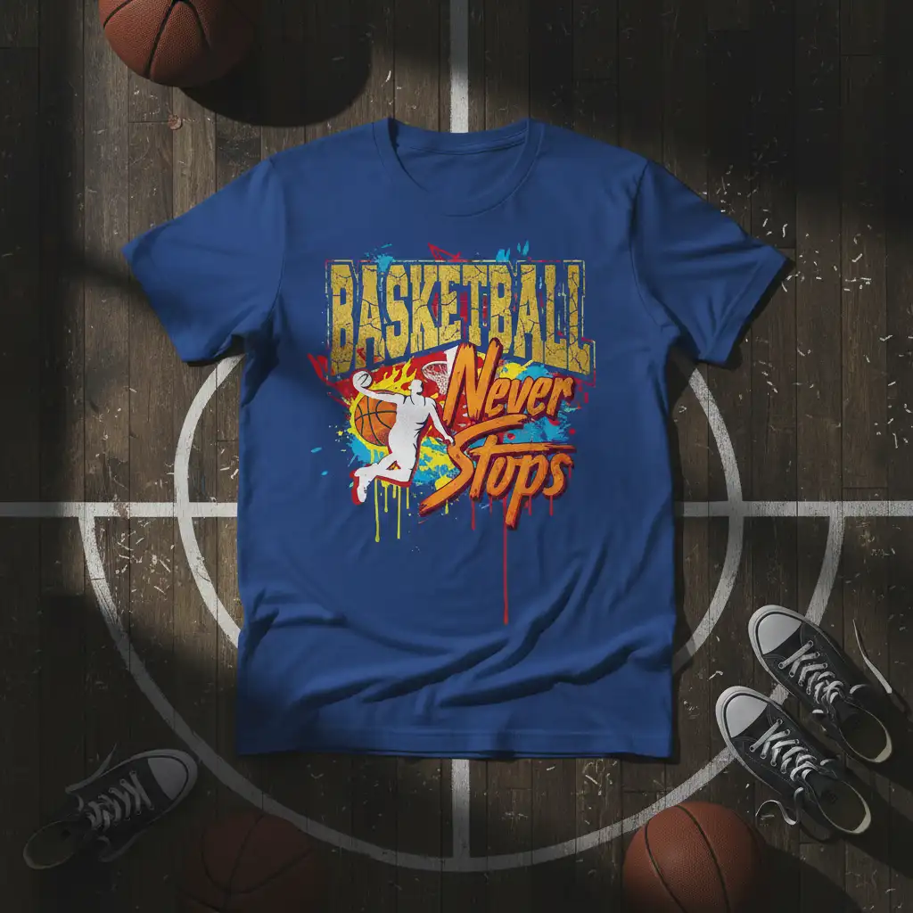 Basketball Never Stops quote with dynamic player dunking graphic on a blue t-shirt