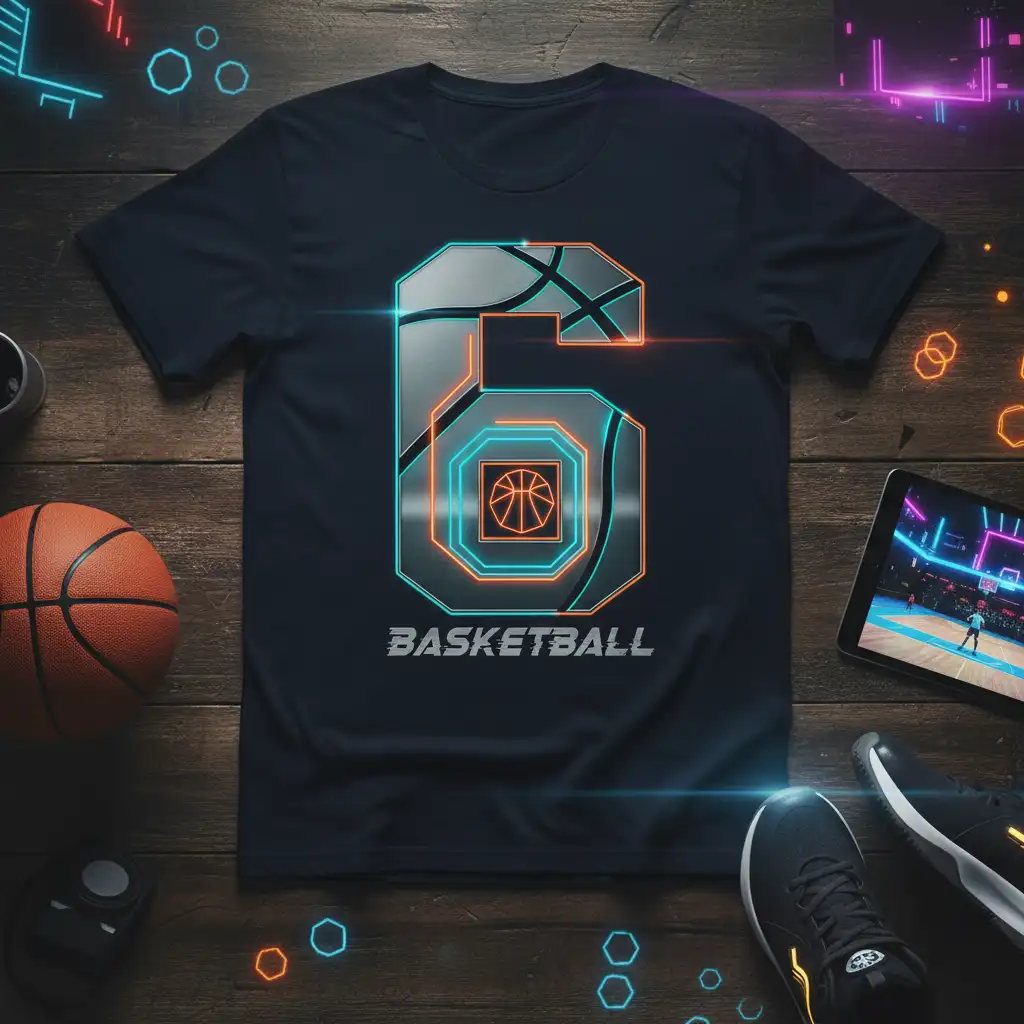 Stylized Basketball Number 6 graphic with neon accents and BASKETBALL text on a dark t-shirt