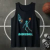 Basketball Skeleton Dunk T-Shirt with neon basketball hoop and skeleton player illustration