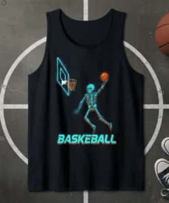 Basketball Skeleton Dunk T-Shirt with neon basketball hoop and skeleton player illustration