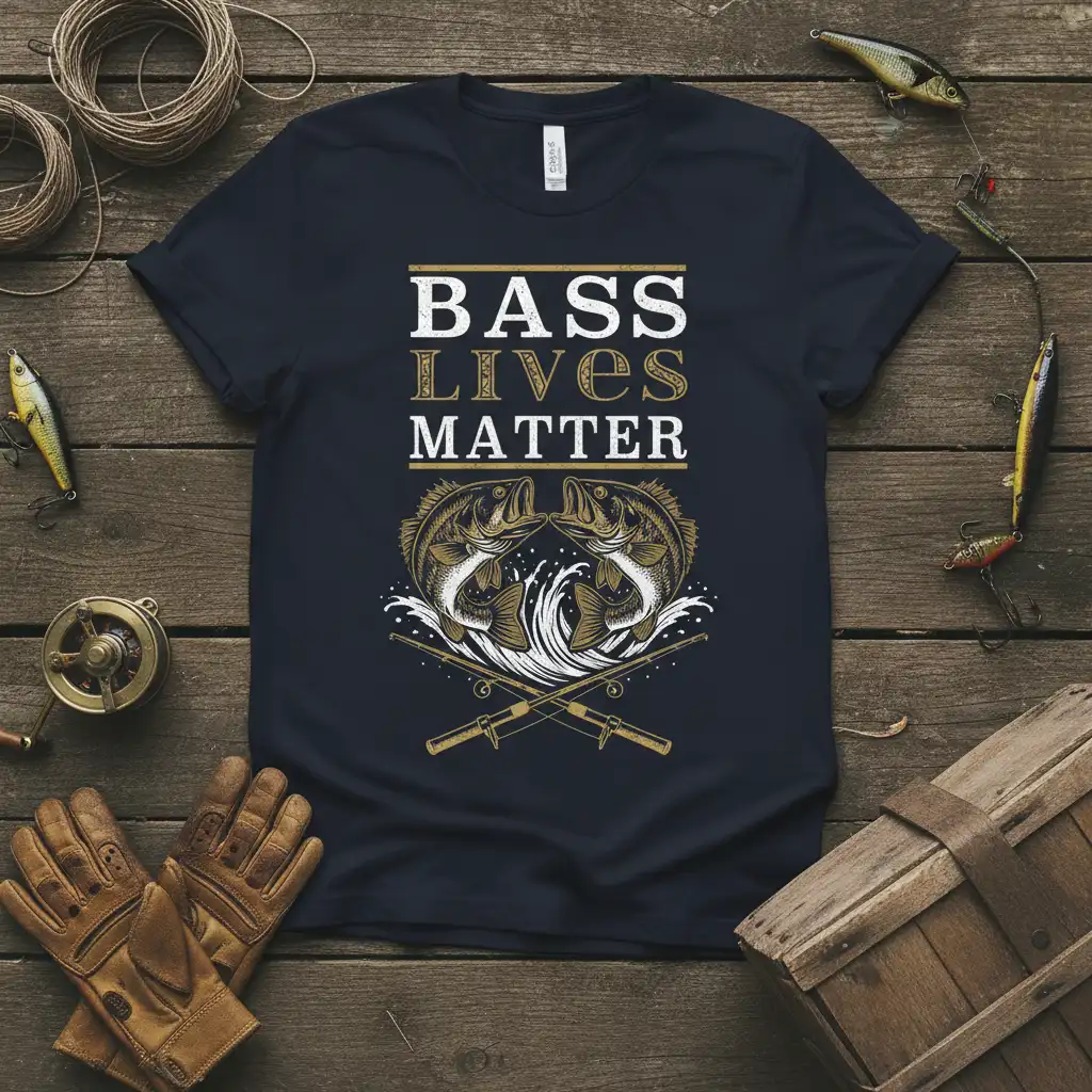Bass Lives Matter quote with two bass fish graphic and crossed fishing rods on a navy t-shirt
