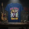 Bass Maniac Rock On! t-shirt with a cool otter playing a bass guitar and lightning graphics