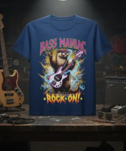 Bass Maniac Rock On! t-shirt with a cool otter playing a bass guitar and lightning graphics