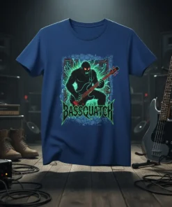 Bassquatch T-Shirt with Bigfoot playing bass guitar, neon green outline, dark blue shirt