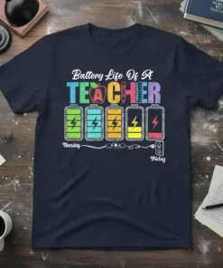 Battery Life Of A TEACHER T-Shirt design with colorful text and battery icons showing energy levels from Tuesday to Friday