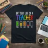 Battery Life of a Teacher T-Shirt with colorful text and battery level graphics for Monday through Friday