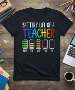 Battery Life of a Teacher T-Shirt with colorful text and battery level graphics for Monday through Friday