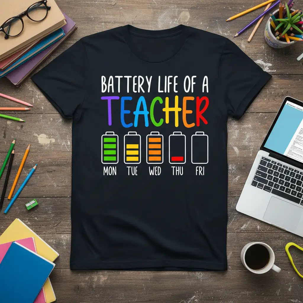 Battery Life of a Teacher graphic tee with colorful text and daily battery charge levels