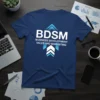 T-shirt with "BDSM BUSINESS DEVELOPMENT SALES AND MARKETING" in white and blue text, featuring upward arrow graphic