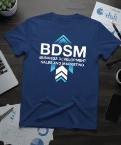T-shirt with "BDSM BUSINESS DEVELOPMENT SALES AND MARKETING" in white and blue text, featuring upward arrow graphic