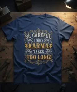 T-shirt featuring the quote "BE CAREFUL I THINK KARMA TAKES TOO LONG!" in a decorative vintage style font