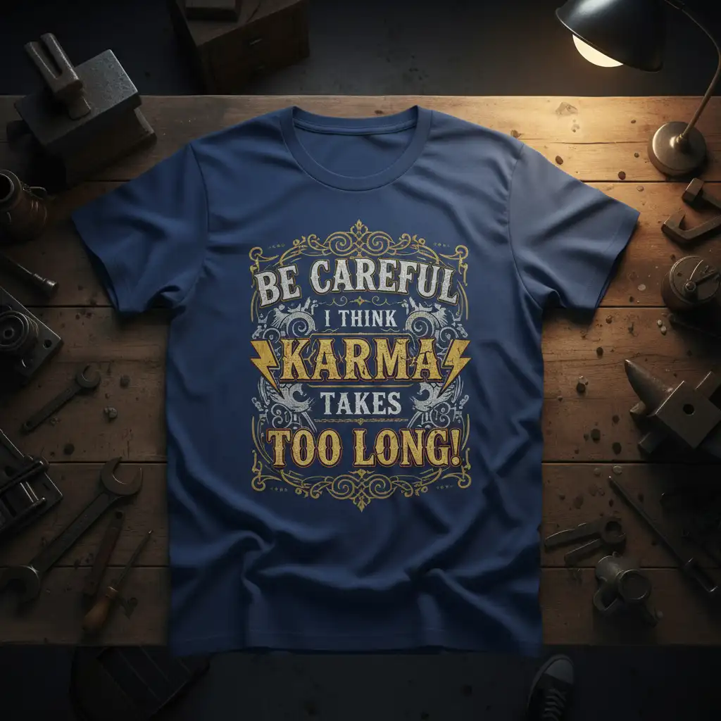 BE CAREFUL I THINK KARMA TAKES TOO LONG! quote t-shirt with vintage decorative elements