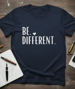 Navy blue t-shirt with white text "BE. ♡ DIFFERENT." featuring a small heart symbol