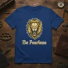 Be Fearless lion graphic t-shirt with a powerful roaring lion image and motivational text
