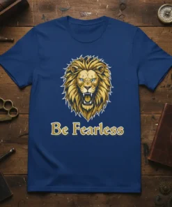 Be Fearless lion graphic t-shirt with a powerful roaring lion image and motivational text