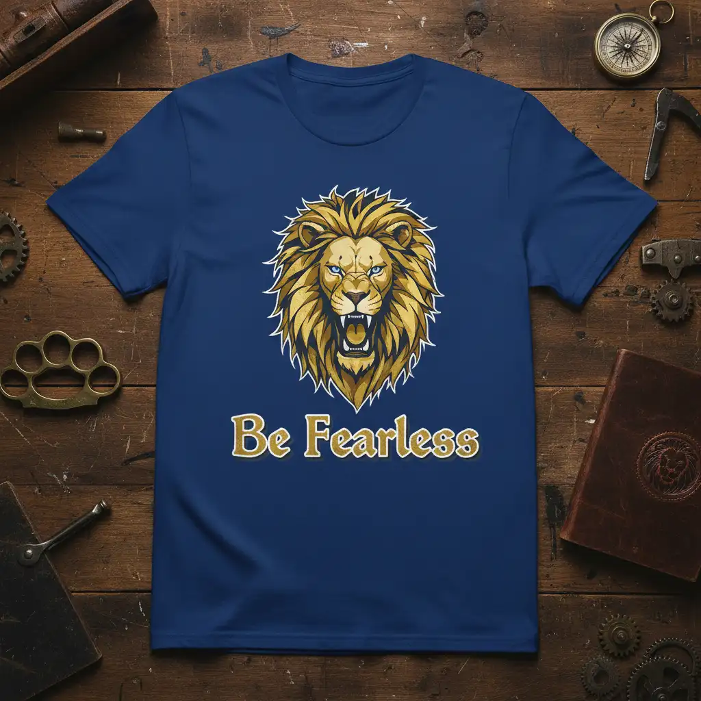 Be Fearless motivational t-shirt featuring a detailed roaring lion graphic and bold text