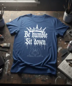 White "Be Humble Sit Down" text and crown graphic on a blue t-shirt, with two figures meditating below