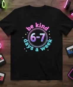 Black t-shirt with "be kind 6-7 days a week" text in a circular gradient design
