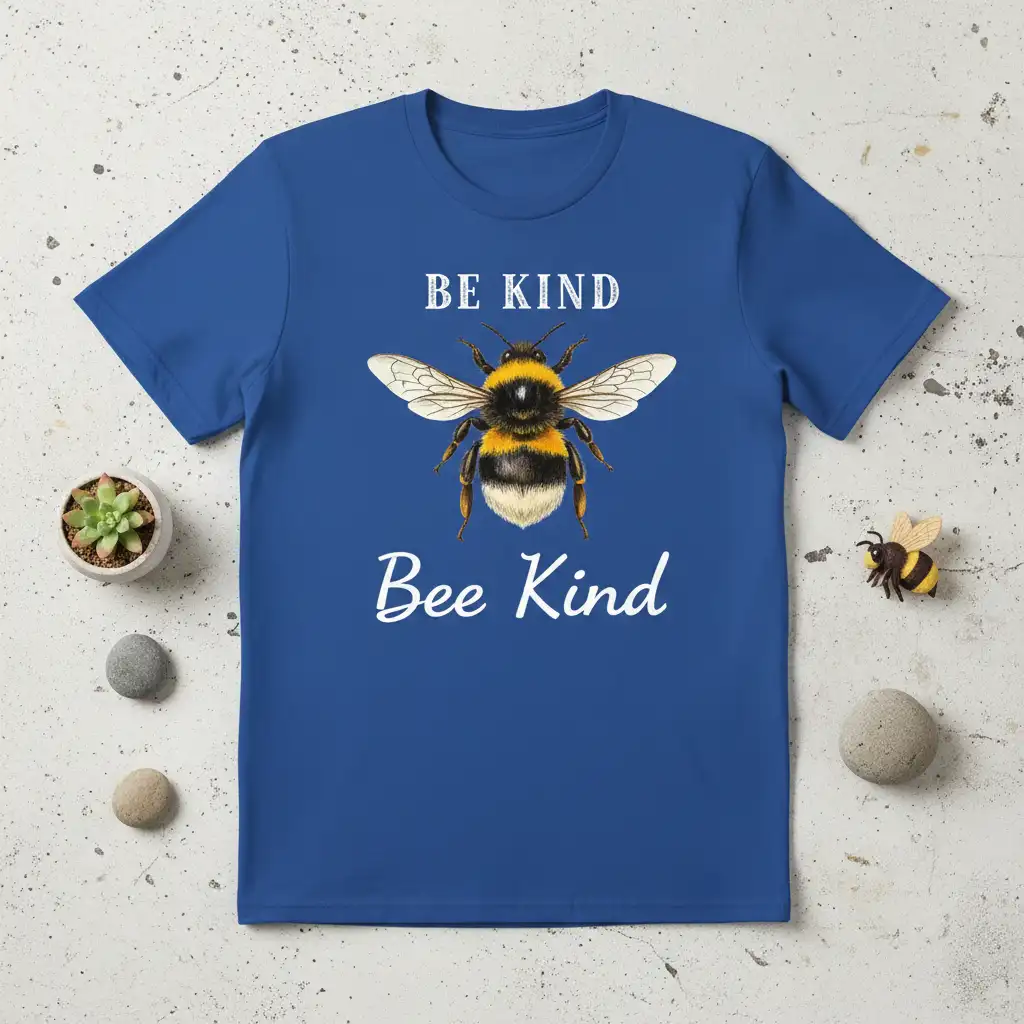 BE KIND Bee Kind t-shirt design featuring a bumblebee and inspirational text