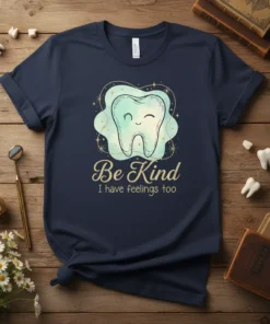 Be Kind I have feelings too quote on a t-shirt with a cute smiling tooth graphic and sparkle accents