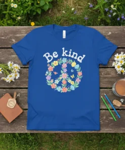 Blue t-shirt with "Be kind" text above a colorful floral peace symbol design featuring birds and butterflies