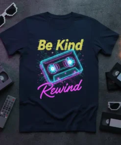 Be Kind Rewind text with neon cassette tape graphic on a dark t-shirt